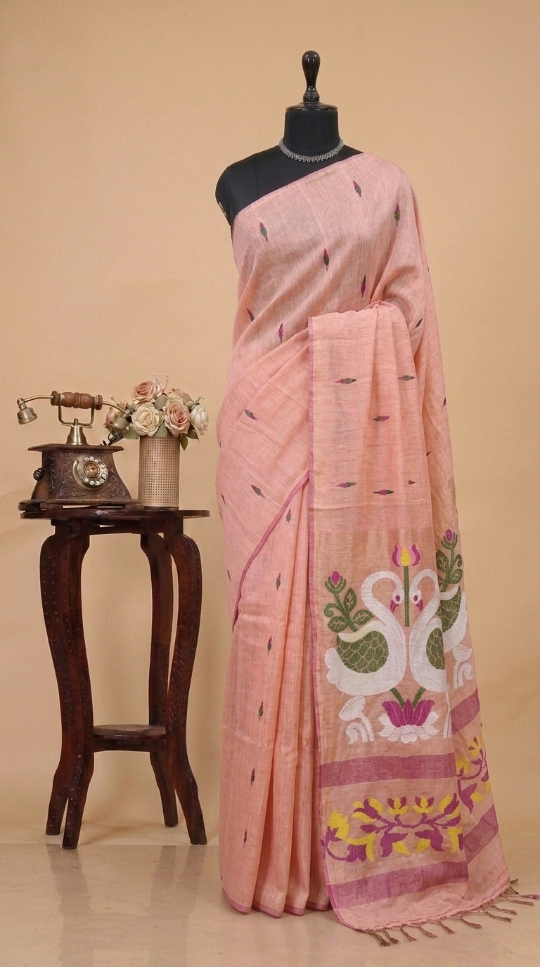 Peach Pure Silk Linen Saree