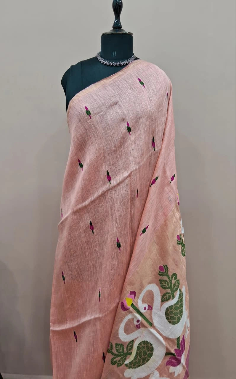 Peach Pure Silk Linen Saree 1