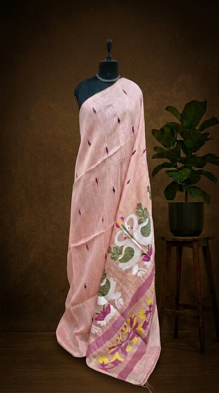 Peach Pure Silk Linen Saree