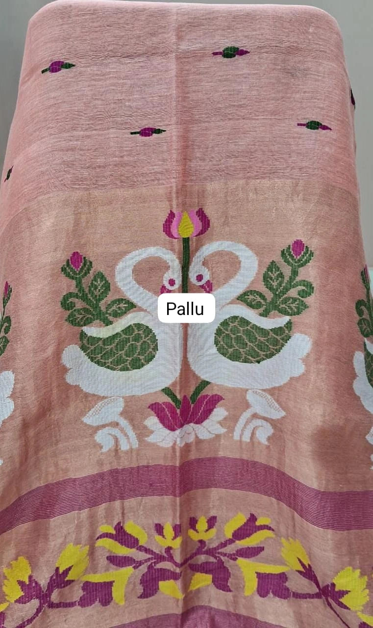 Peach Pure Silk Linen Saree pallu