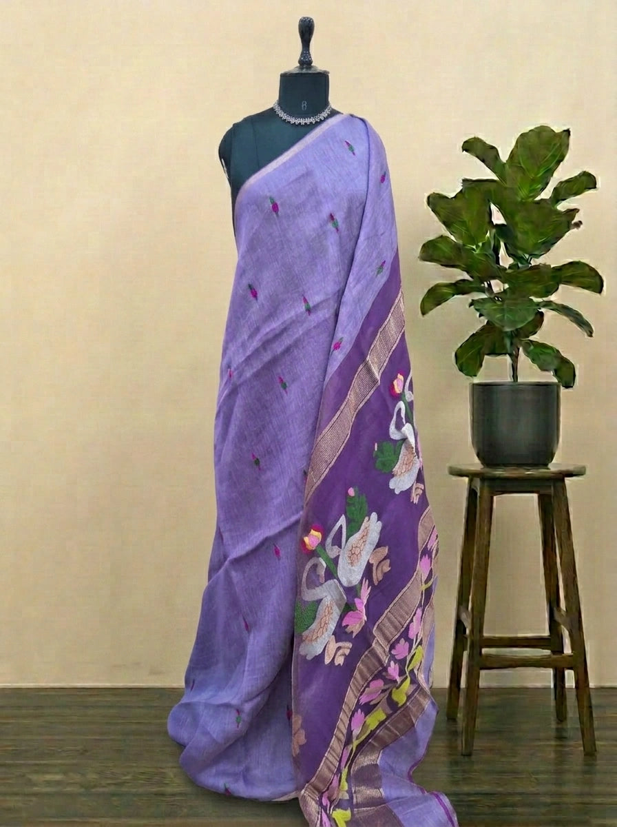 Lavender Pure Silk Linen Saree