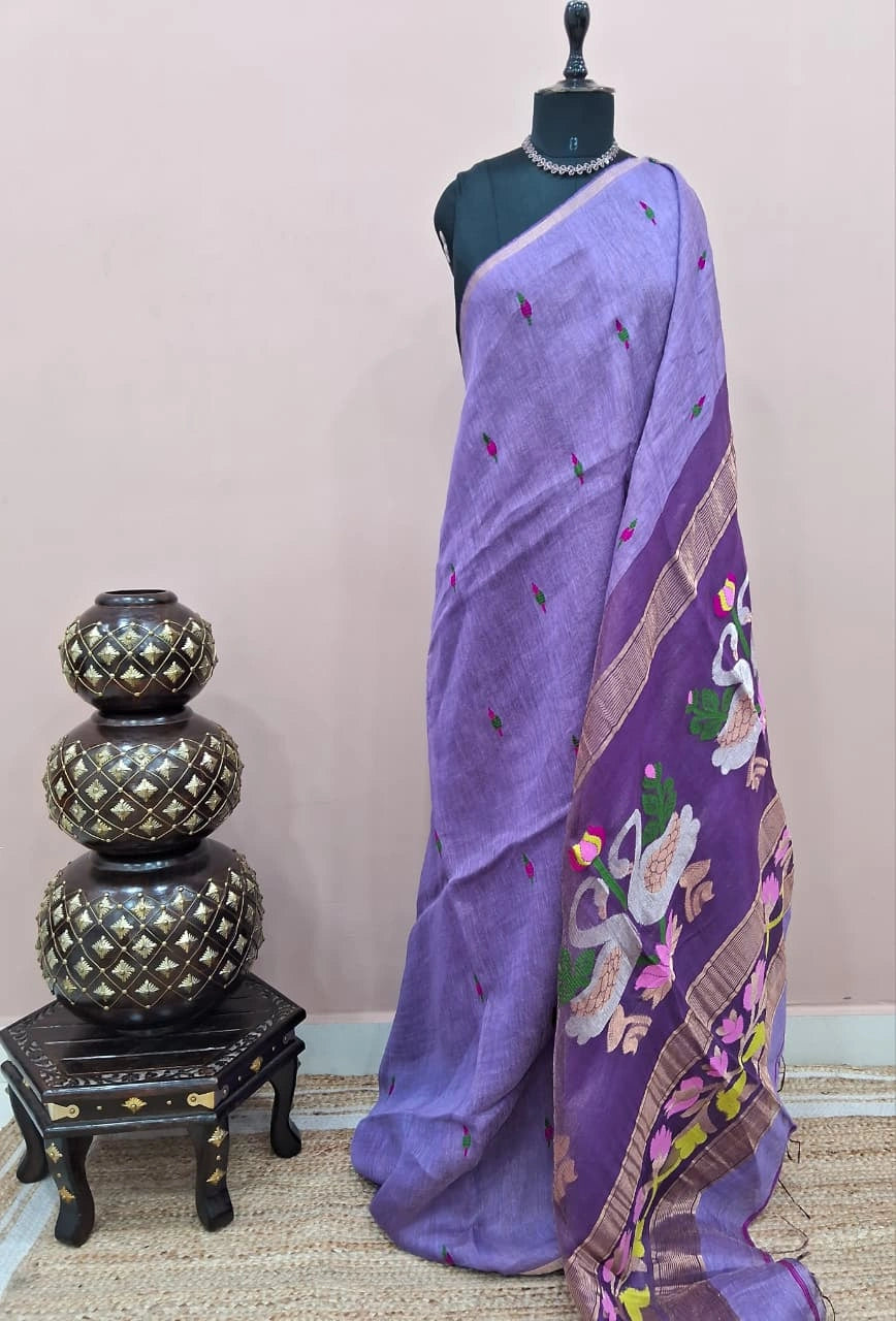 Lavender Pure Silk Linen Saree