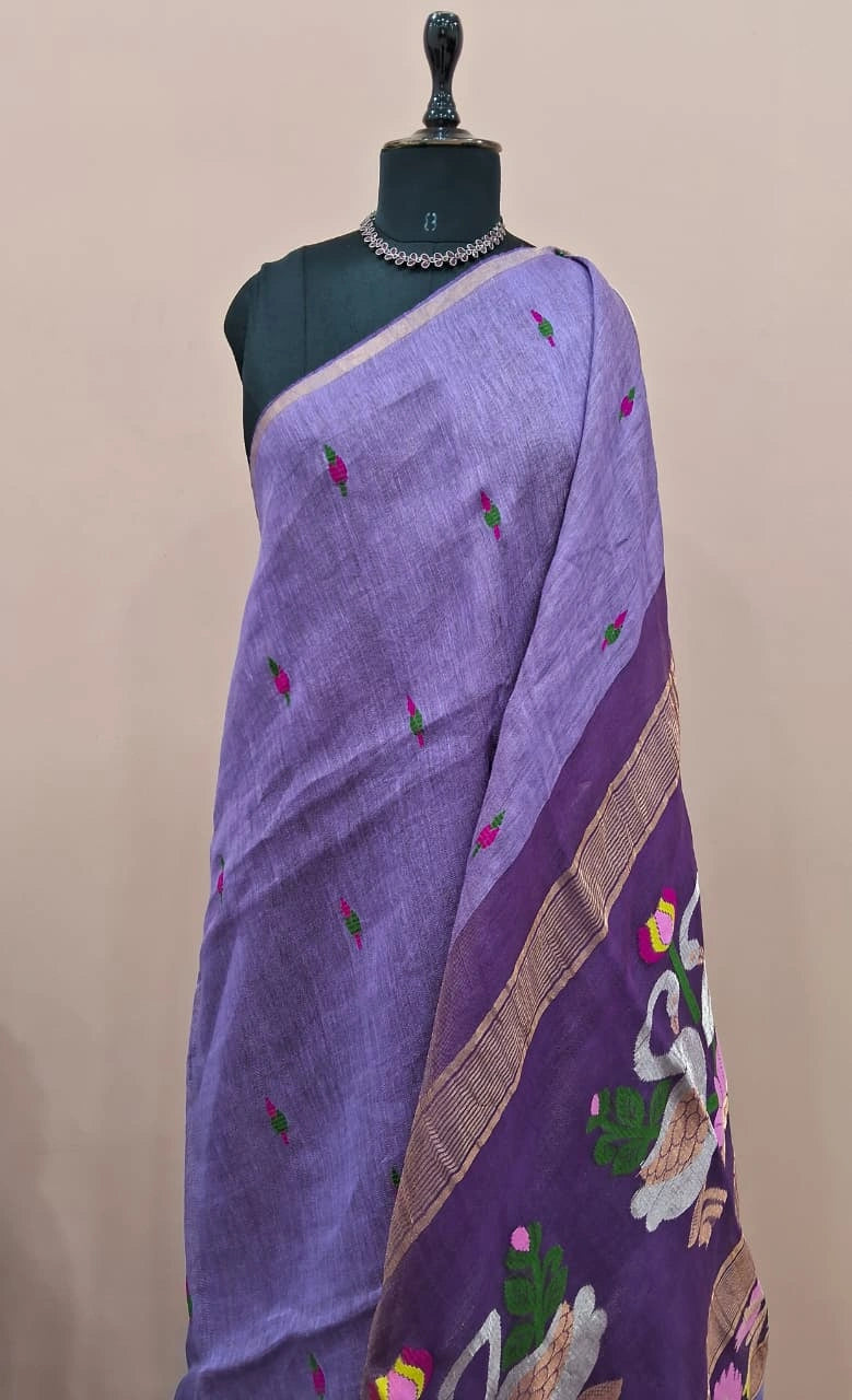 Lavender Pure Silk Linen Saree 1