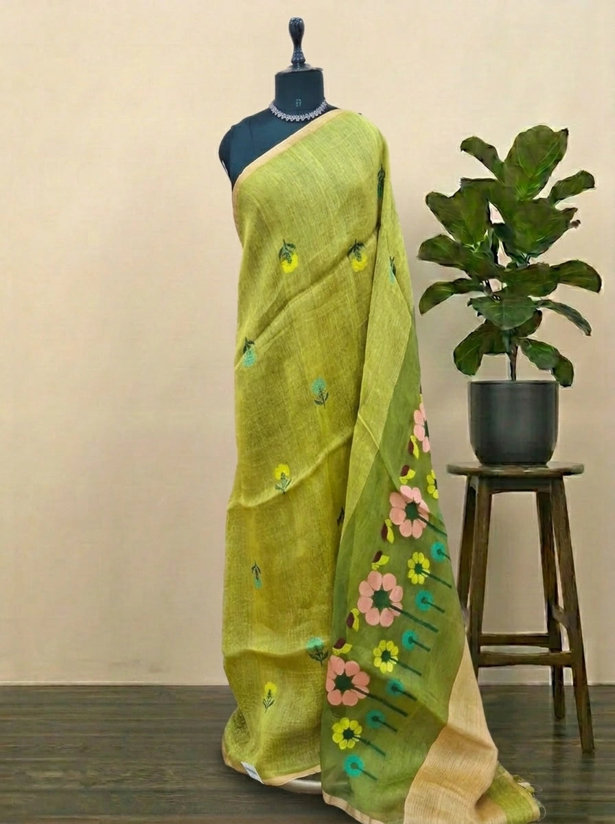 Bright Green Pure Silk Linen Saree