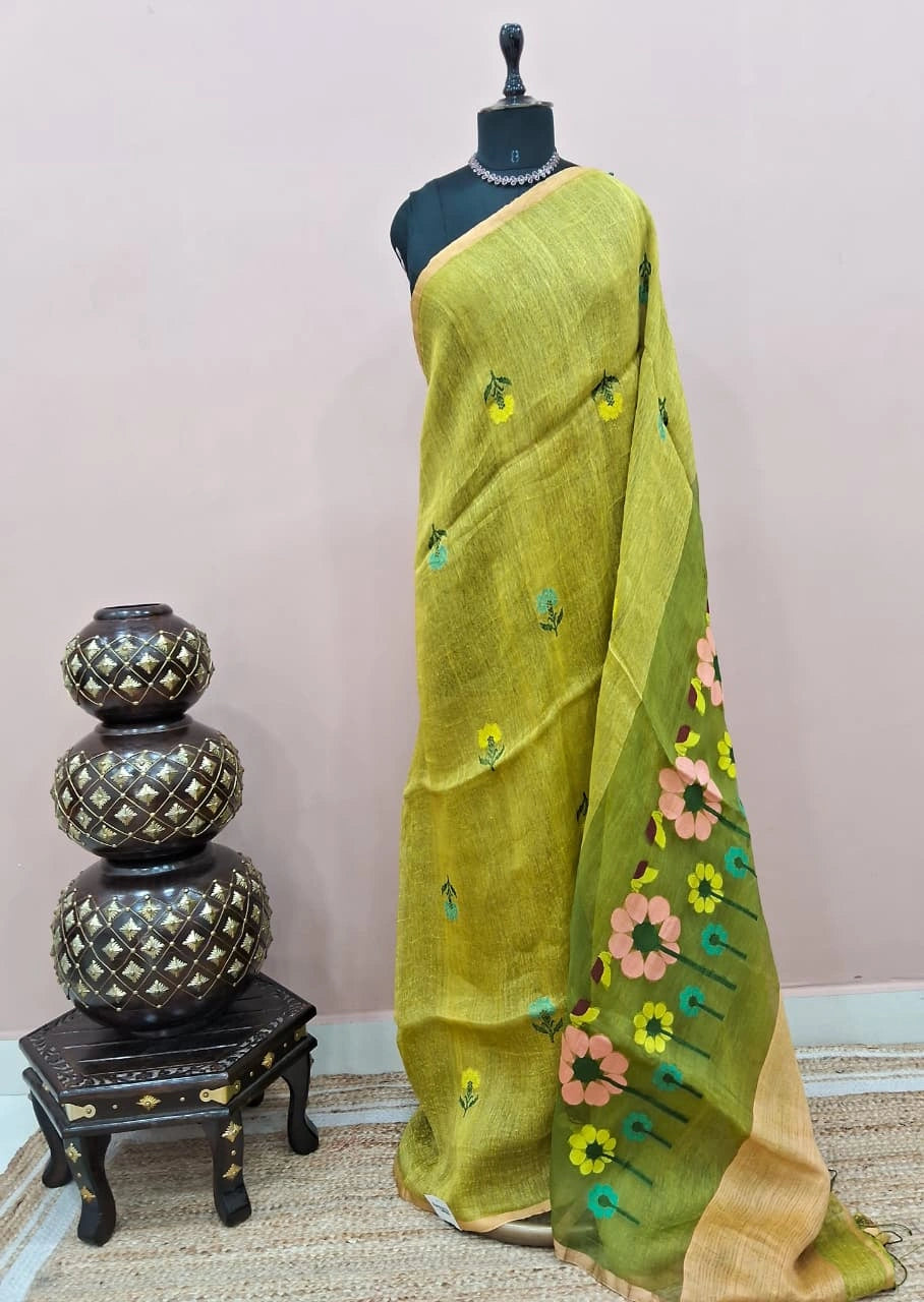 Bright Green Pure Silk Linen Saree