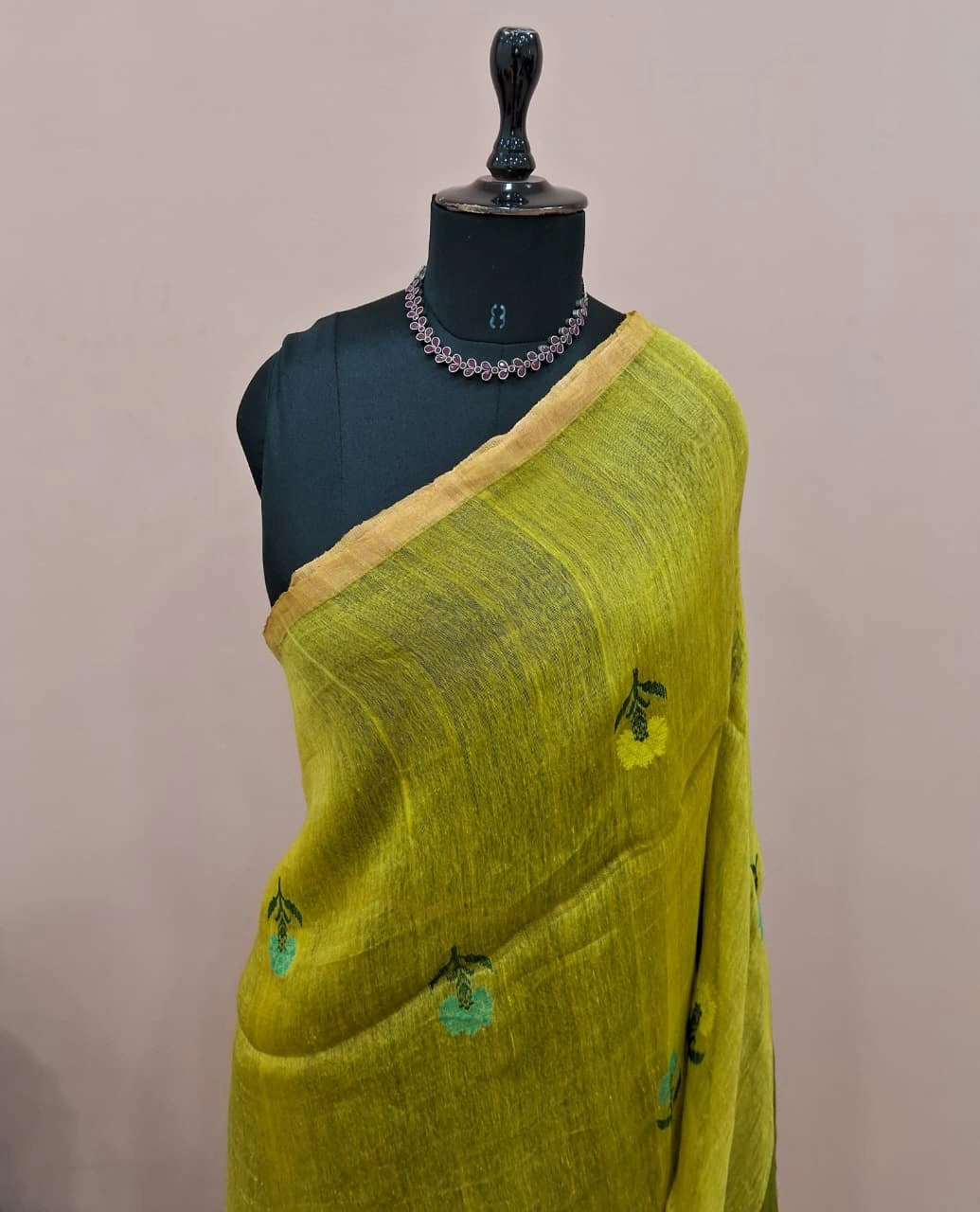 Bright Green Pure Silk Linen Saree 1