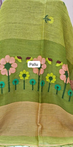 Bright Green Pure Silk Linen Saree pallu