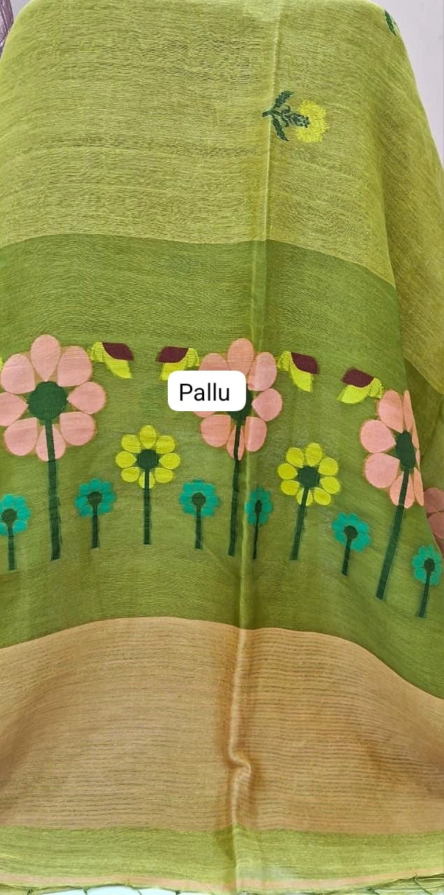 Bright Green Pure Silk Linen Saree pallu