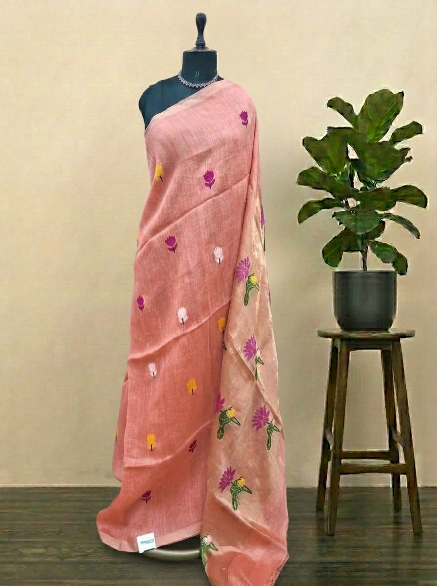 Dark Peach Pure Silk Linen Saree 