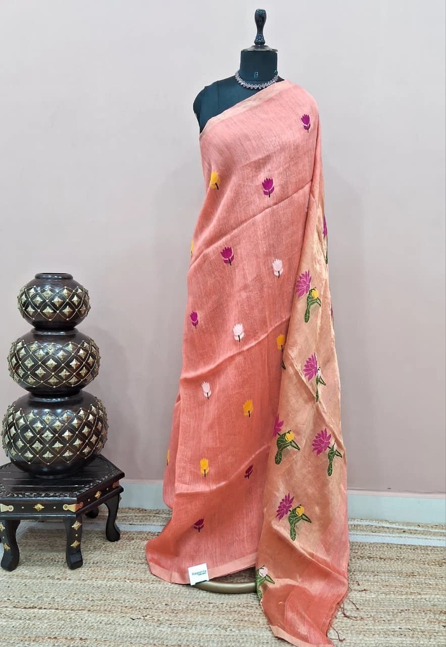 Dark Peach Pure Silk Linen Saree 