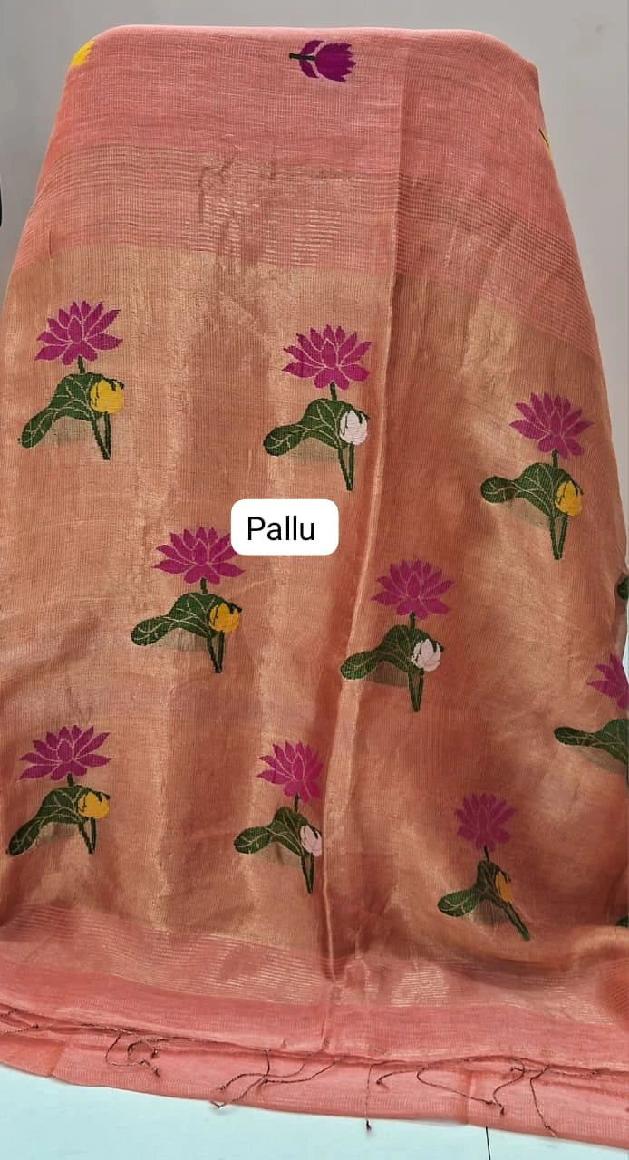Dark Peach Pure Silk Linen Saree pallu