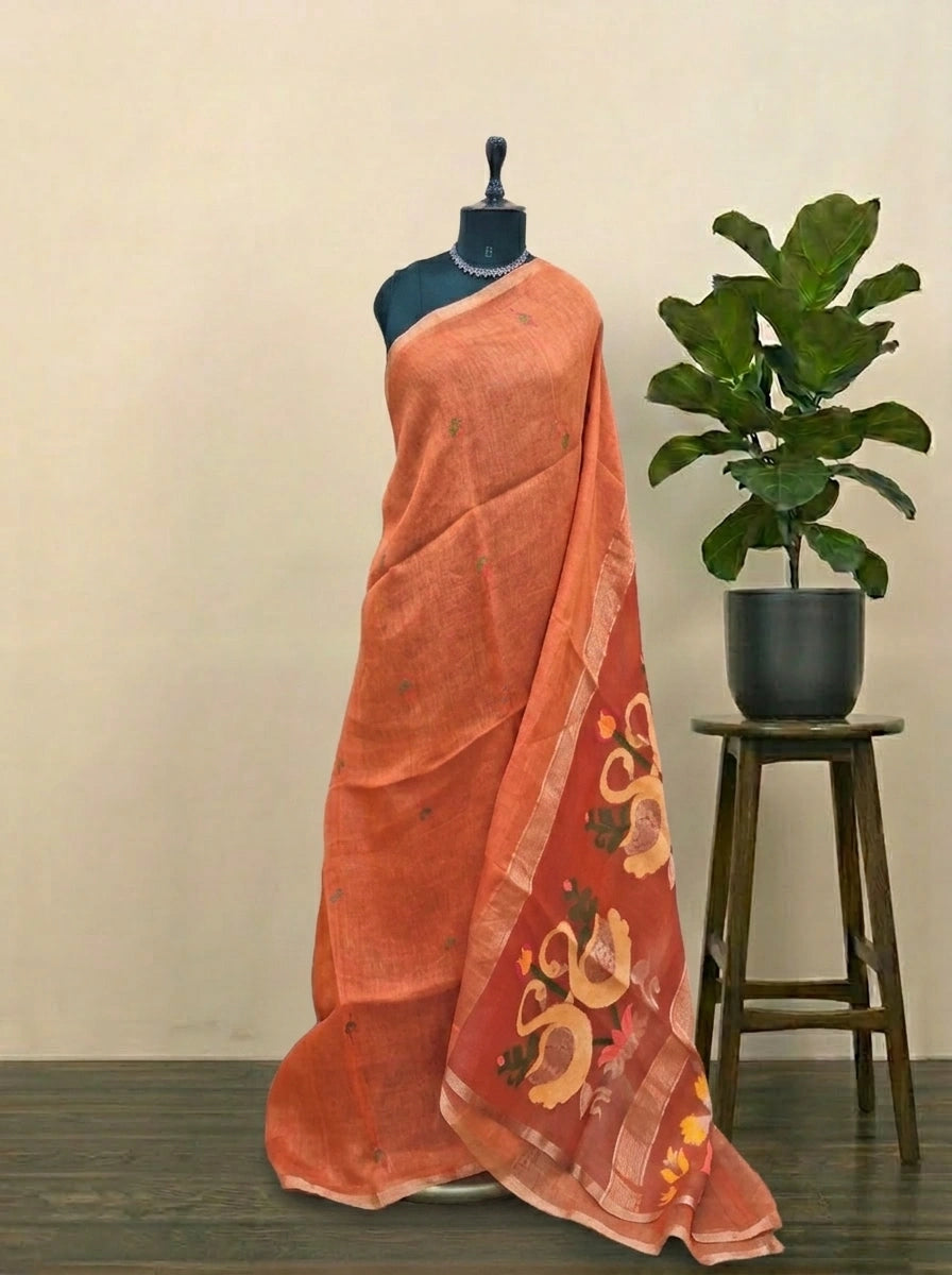 Dark Orange Pure Silk Linen Saree