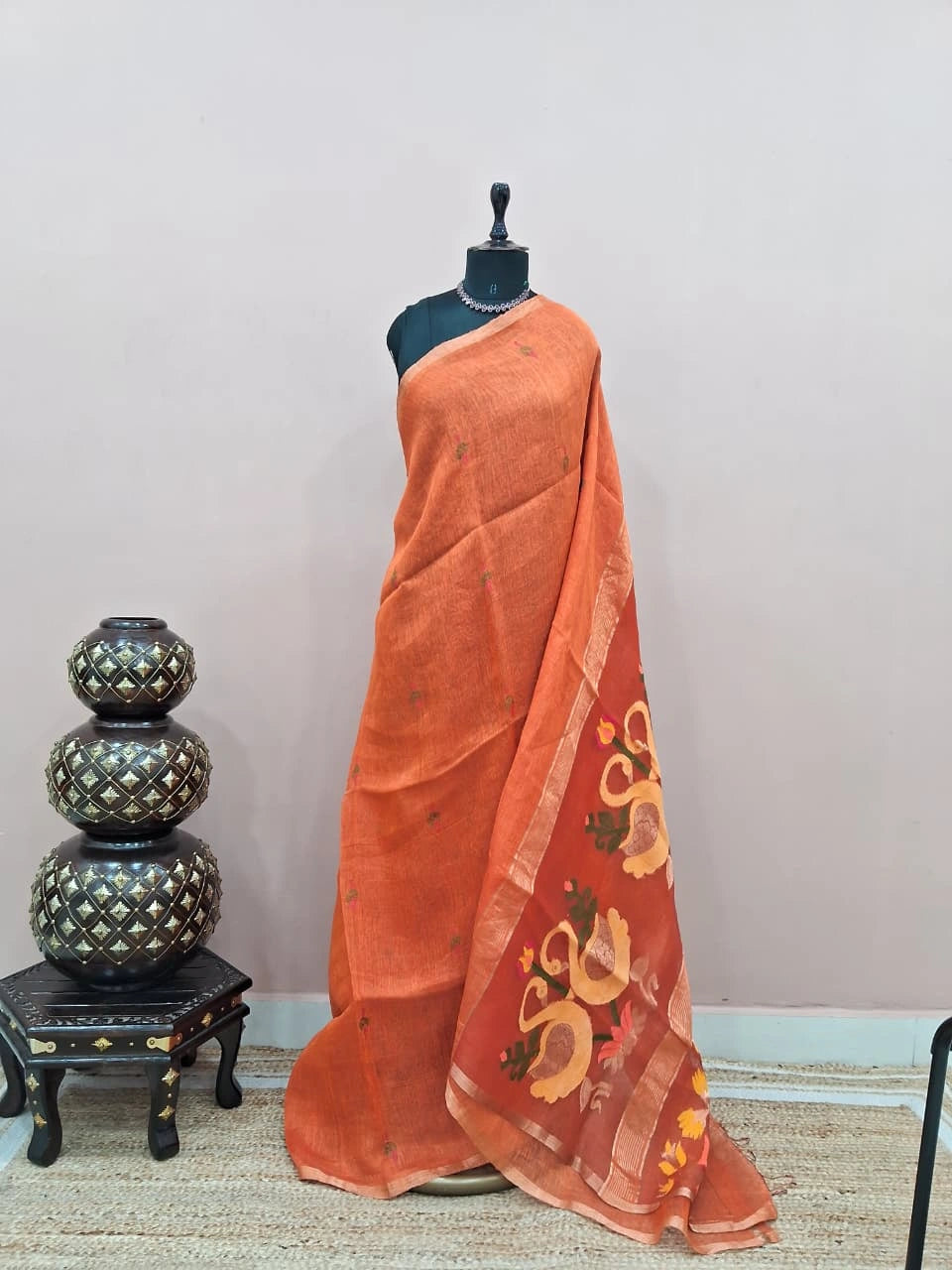 Dark Orange Pure Silk Linen Saree