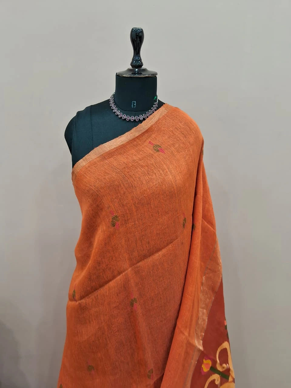 Dark Orange Pure Silk Linen Saree 1