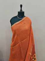 Dark Orange Pure Silk Linen Saree 1