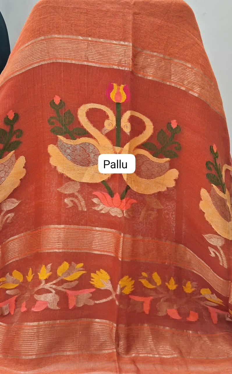 Dark Orange Pure Silk Linen Saree pallu