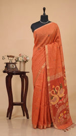 Dark Orange Pure Silk Linen Saree