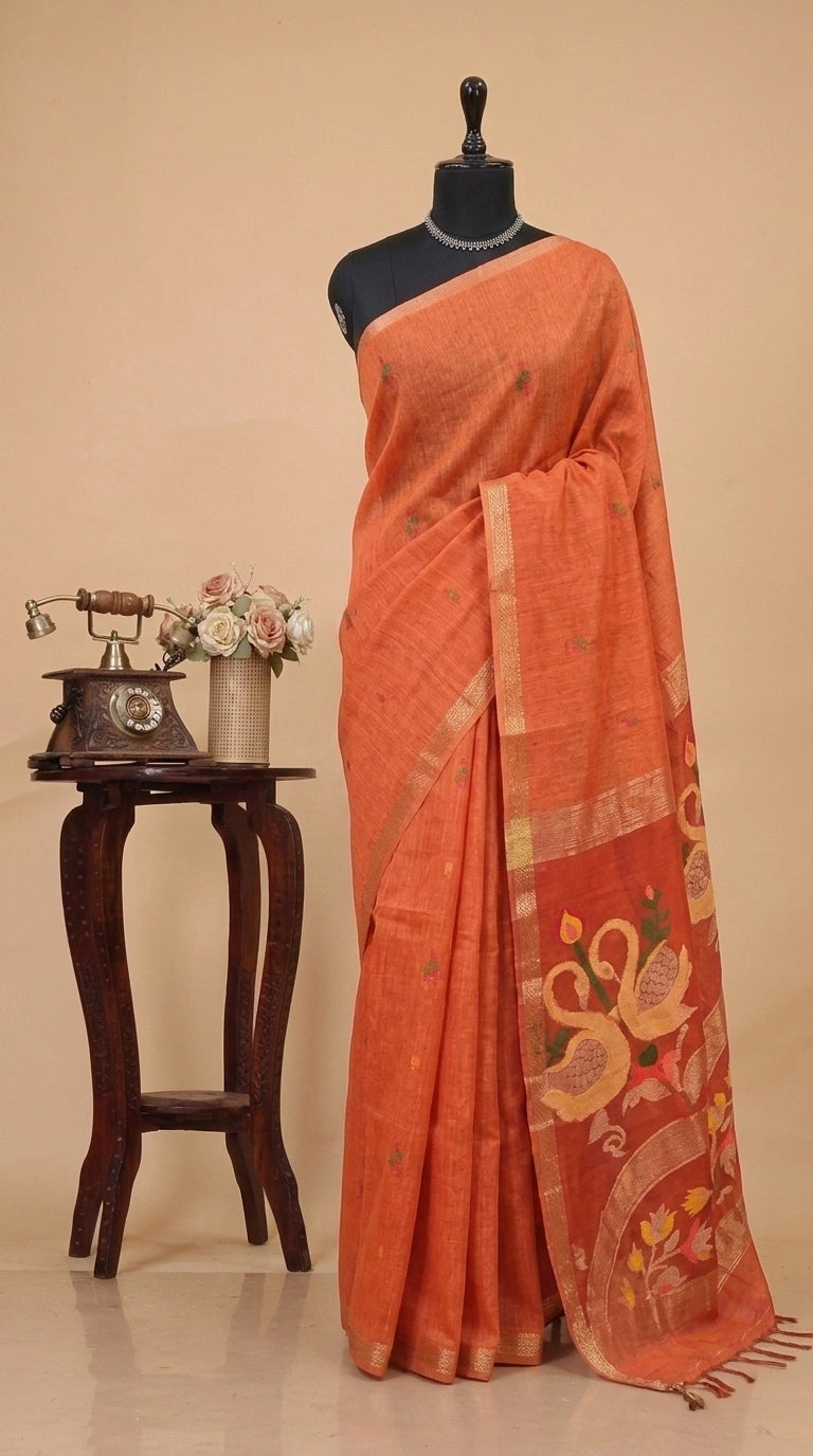 Dark Orange Pure Silk Linen Saree