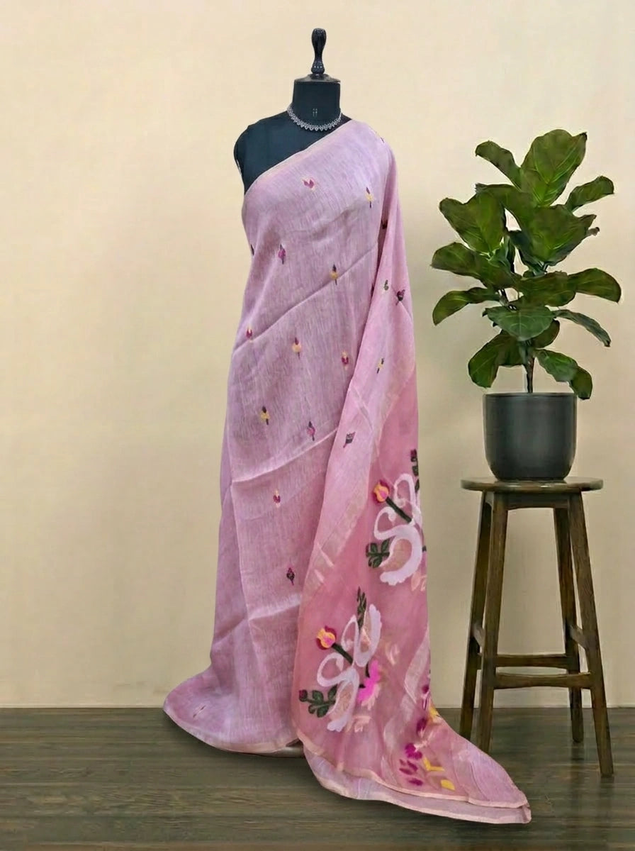 Baby Pink Pure Silk Linen Saree