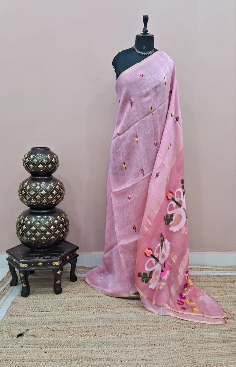 Baby Pink Pure Silk Linen Saree