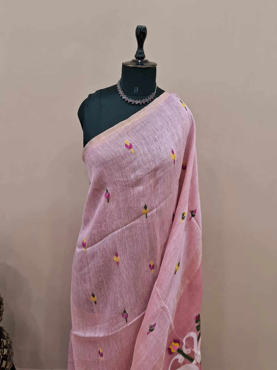 Baby Pink Pure Silk Linen Saree 1