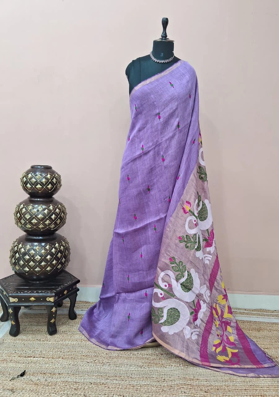 Light Lavender Pure Silk Linen Saree