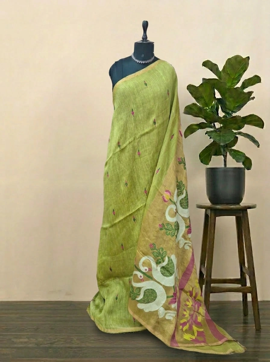Light Green Pure Silk Linen Saree