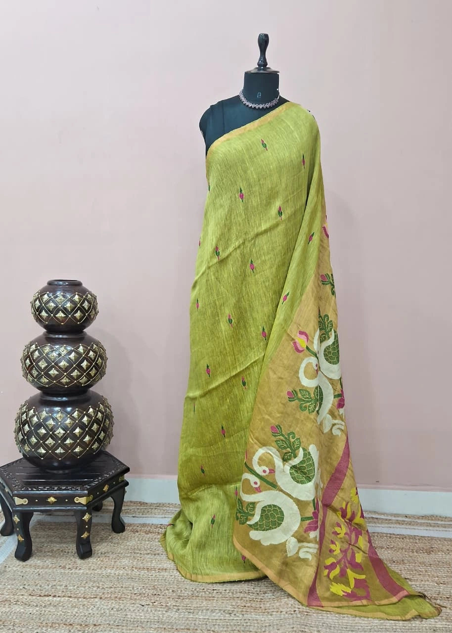 Light Green Pure Silk Linen Saree