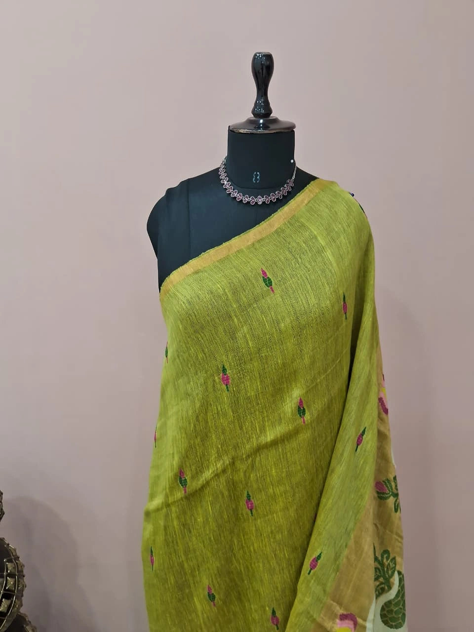 Light Green Pure Silk Linen Saree 1