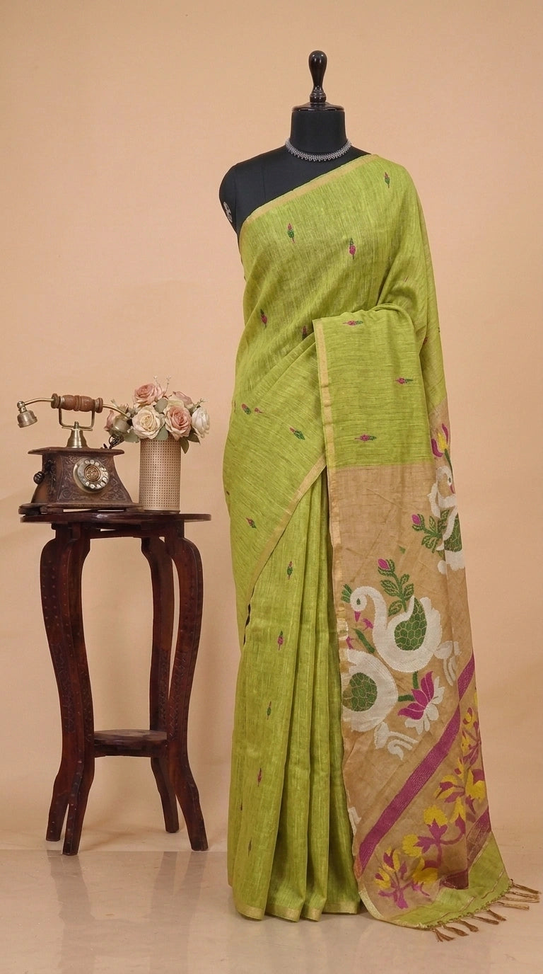 Light Green Pure Silk Linen Saree