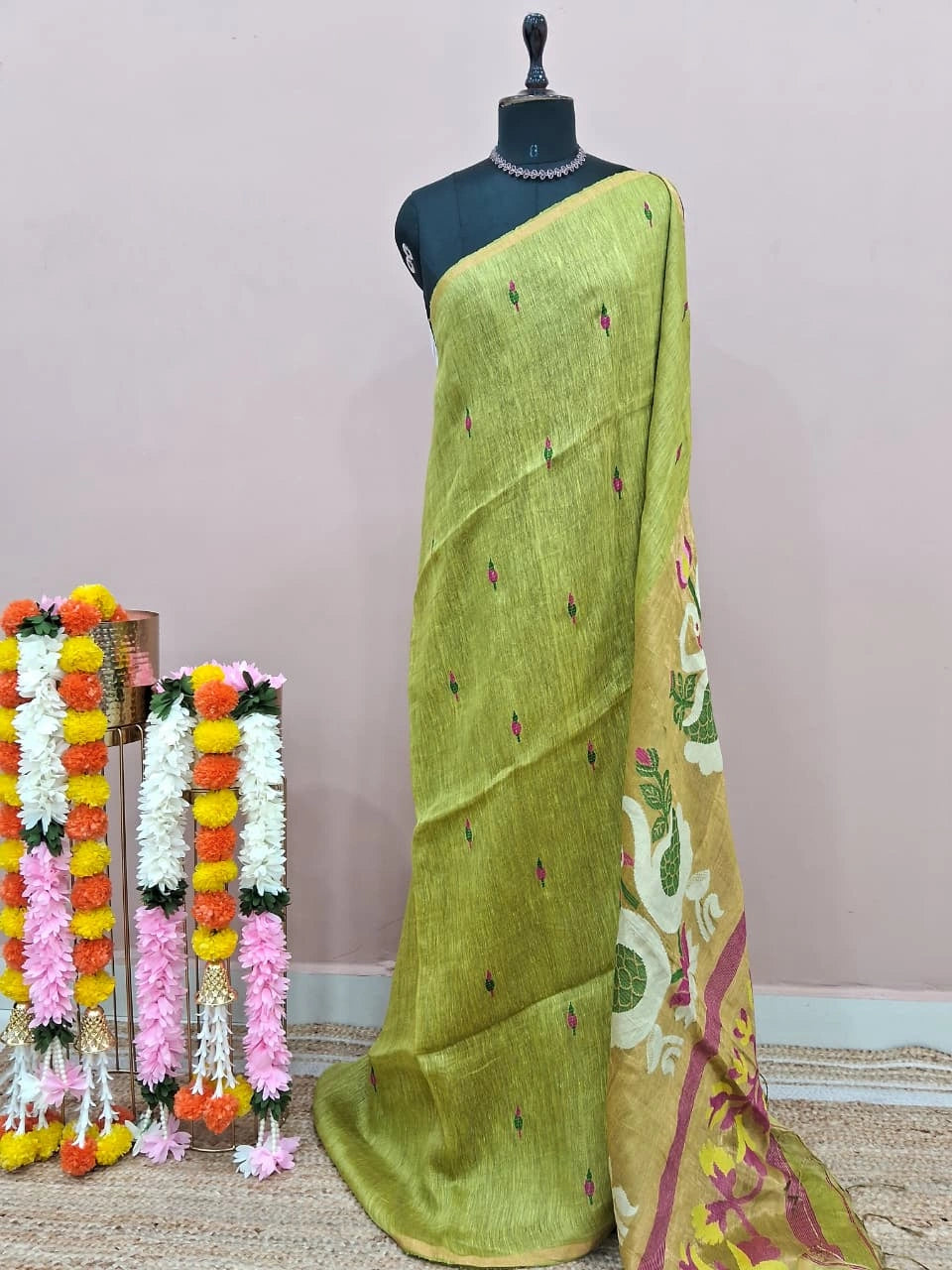 Light Green Pure Silk Linen Saree