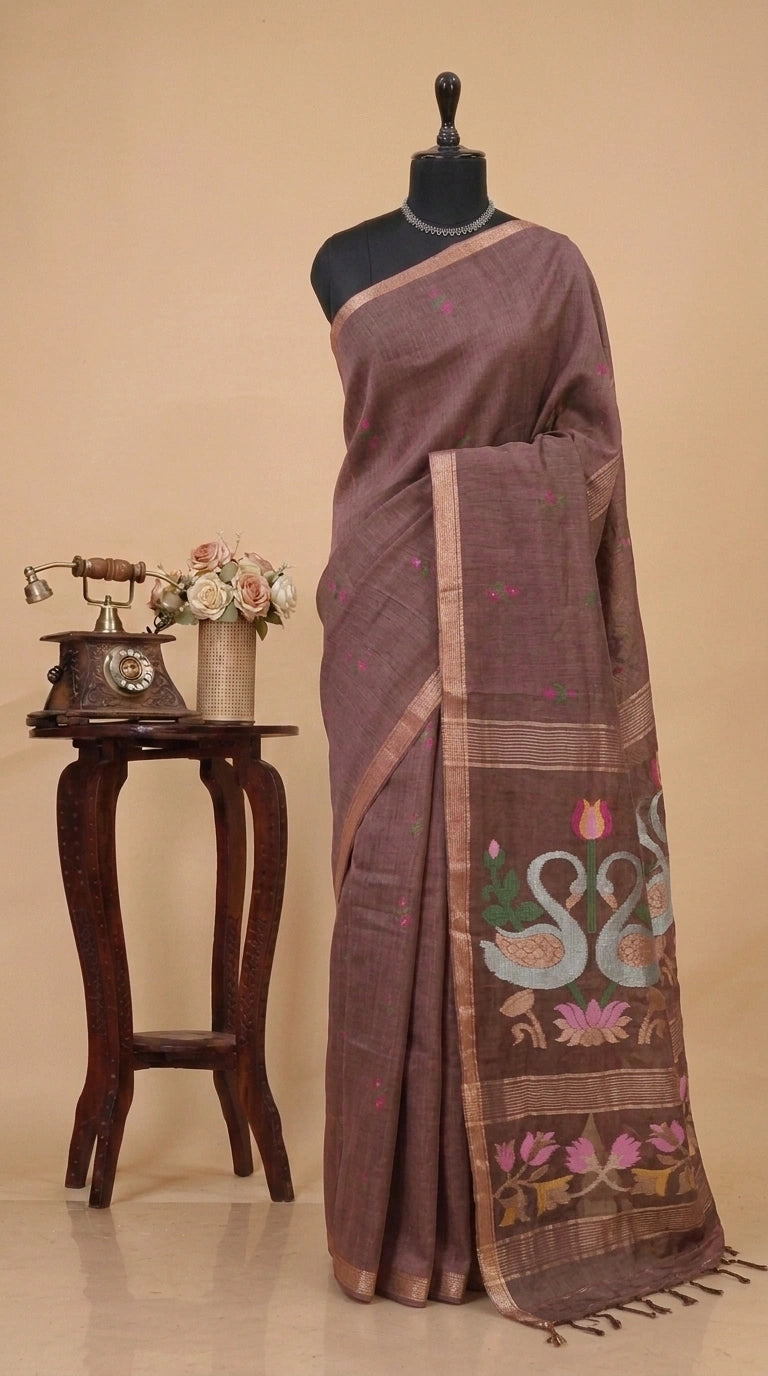 Dark Chocolate Brown Pure Silk Linen Saree 