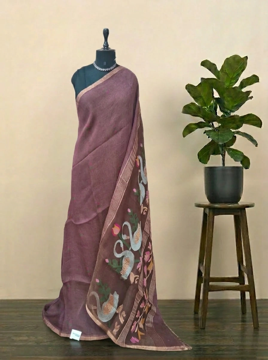 Dark Chocolate Brown Pure Silk Linen Saree 