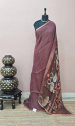 Dark Chocolate Brown Pure Silk Linen Saree 