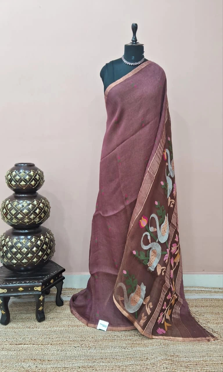 Dark Chocolate Brown Pure Silk Linen Saree 