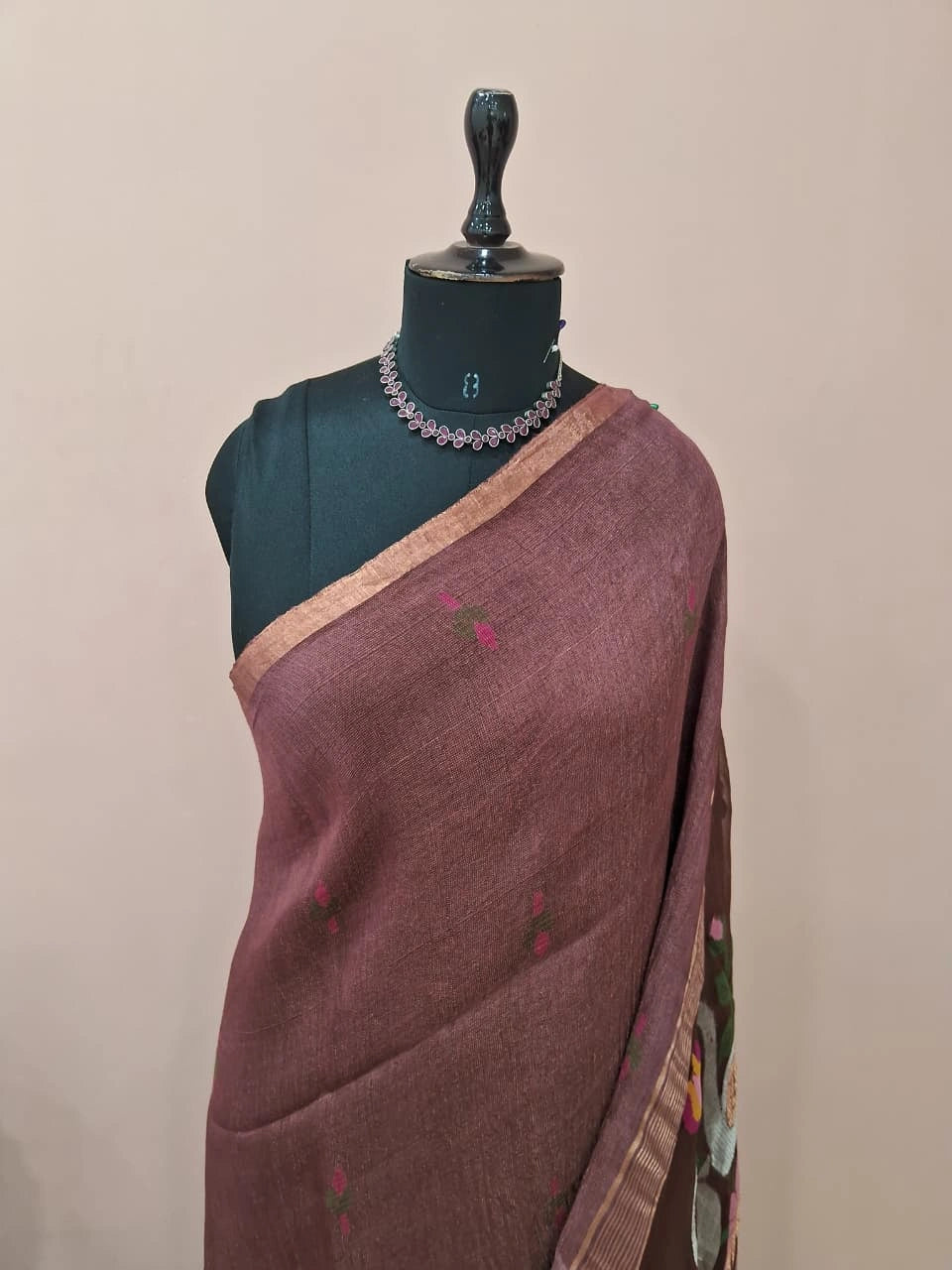 Dark Chocolate Brown Pure Silk Linen Saree  1