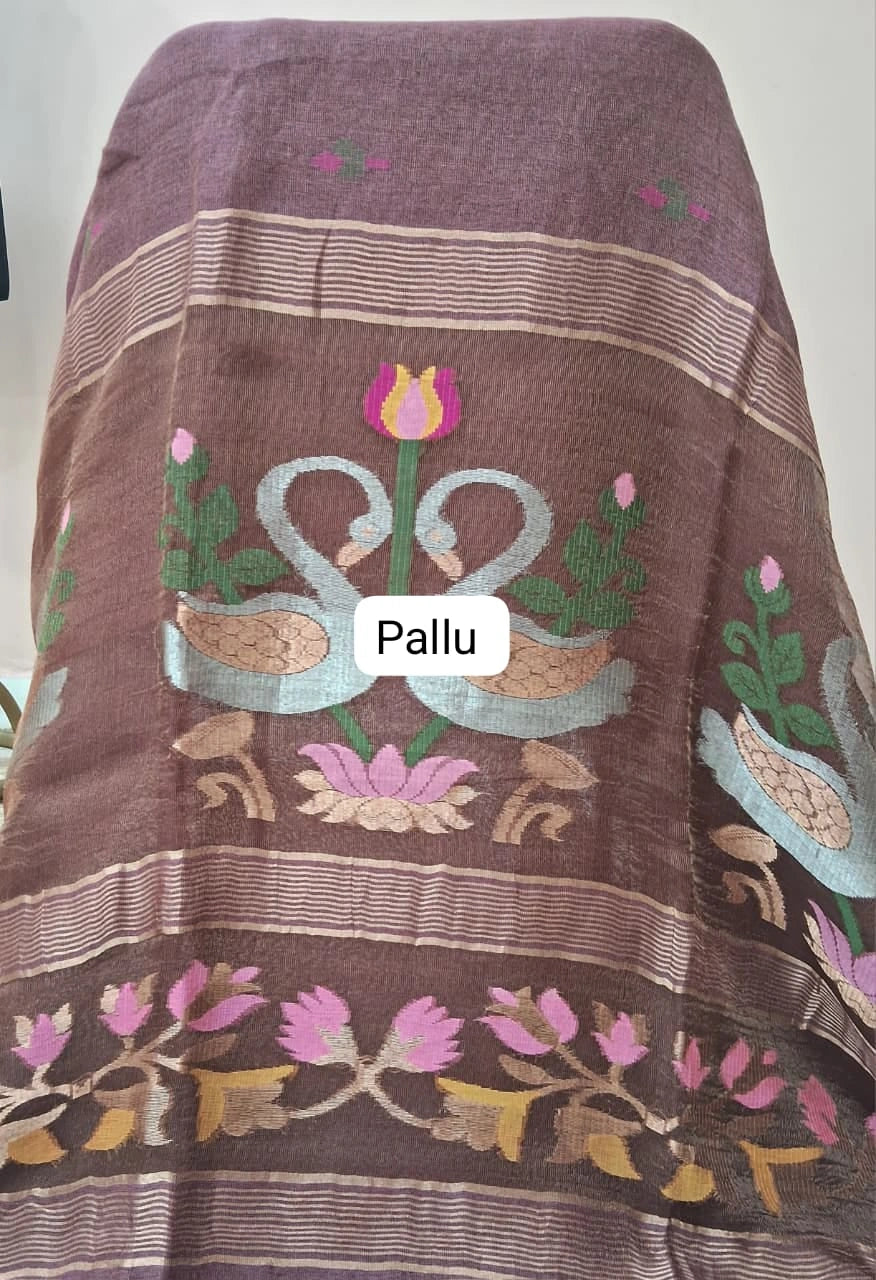 Dark Chocolate Brown Pure Silk Linen Saree  pallu