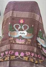 Dark Chocolate Brown Pure Silk Linen Saree  pallu