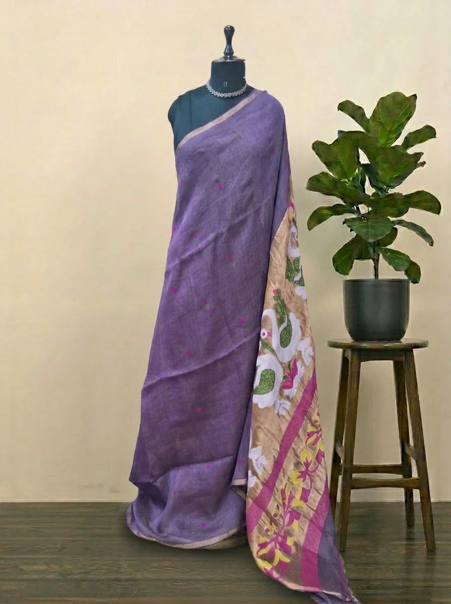 Light Purple Pure Silk Linen Saree