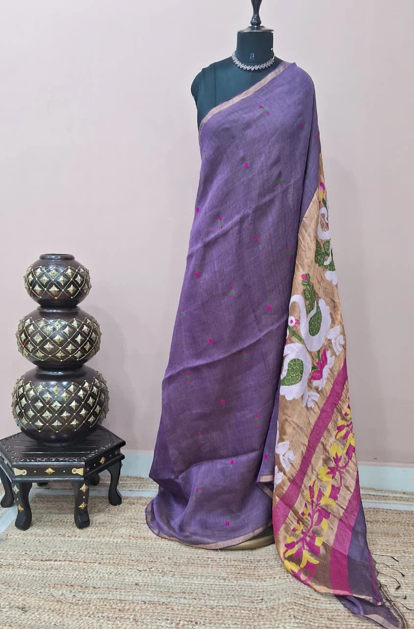 Light Purple Pure Silk Linen Saree
