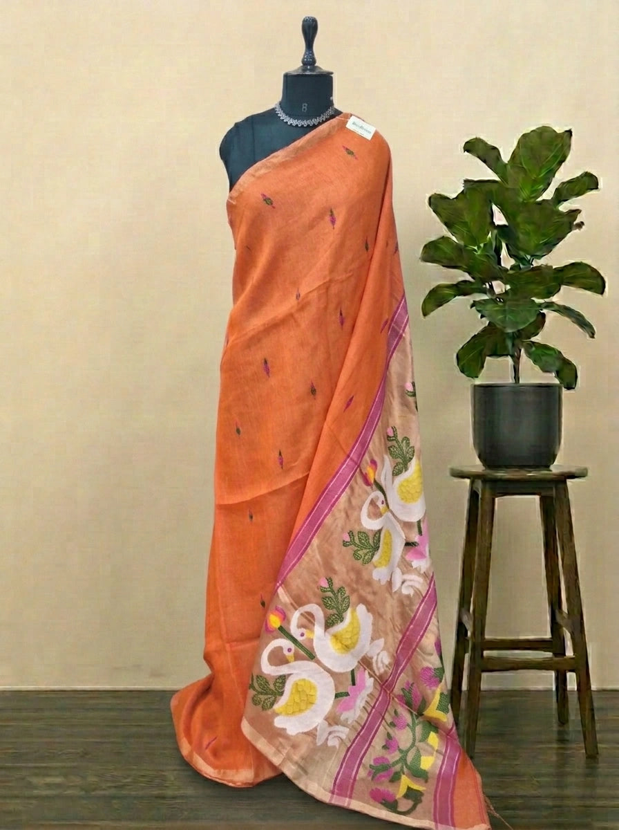 Orange Pure Silk Linen Saree 