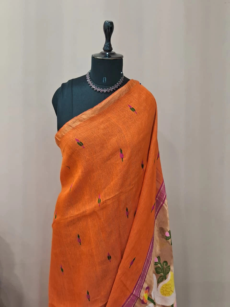 Orange Pure Silk Linen Saree 1