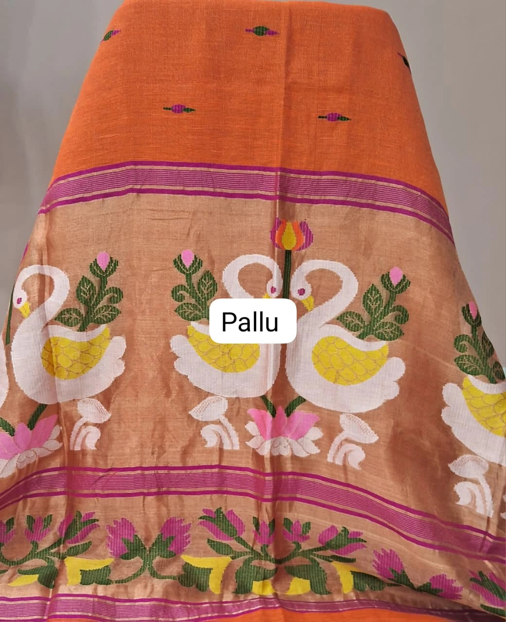 Orange Pure Silk Linen Saree pallu