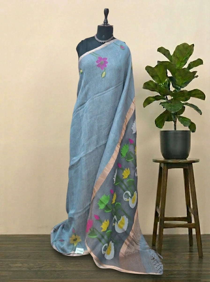 Elegant Grey Pure Silk Linen Saree
