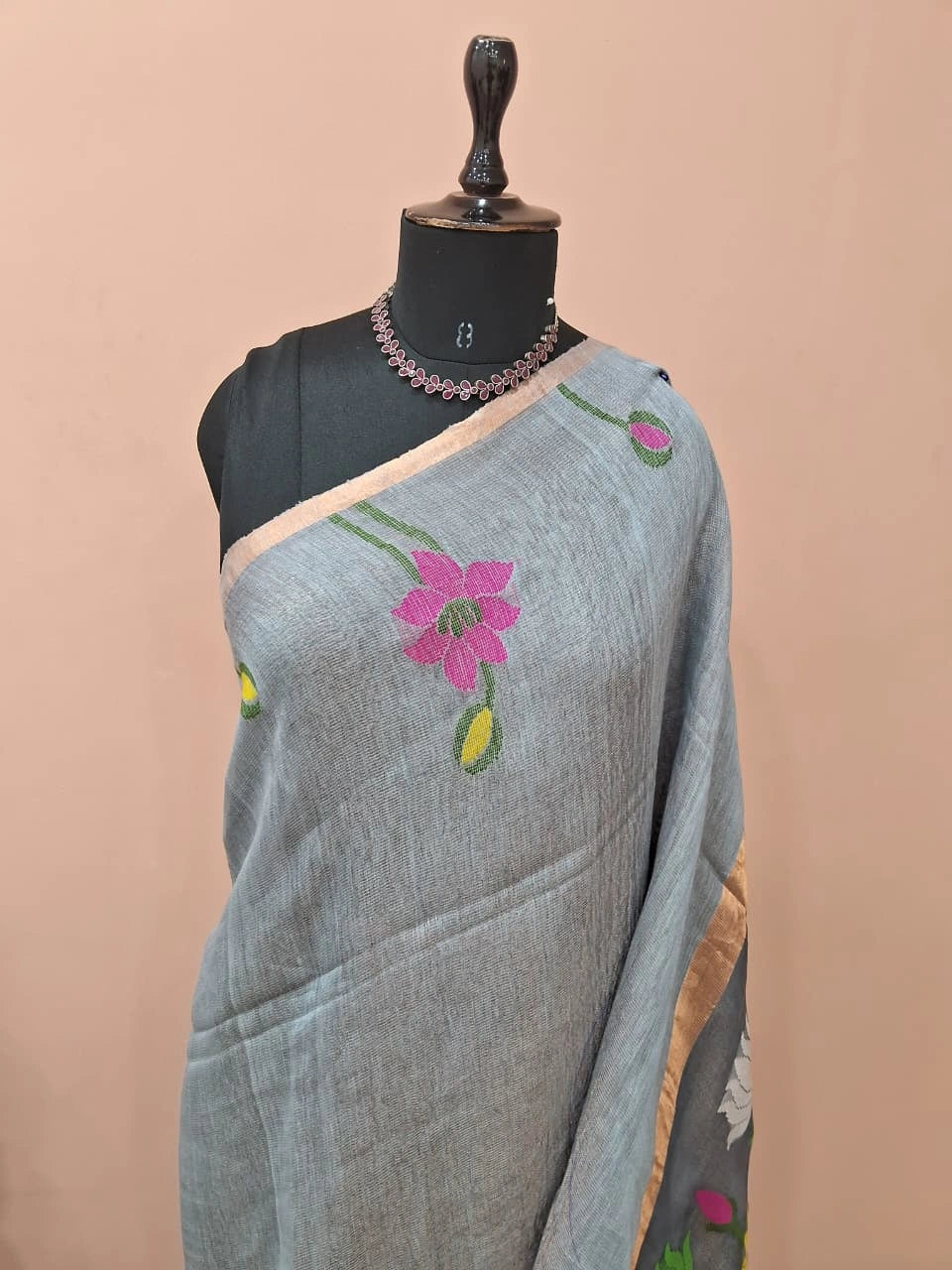 Elegant Grey Pure Silk Linen Saree 1