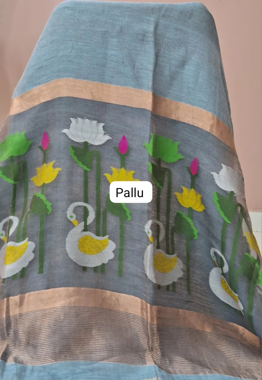 Elegant Grey Pure Silk Linen Saree Pallu