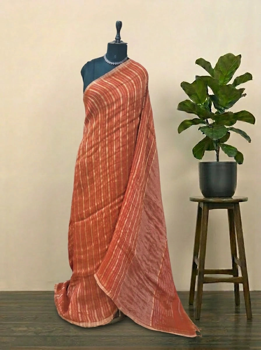 Dark Orange Pure Silk Linen Saree
