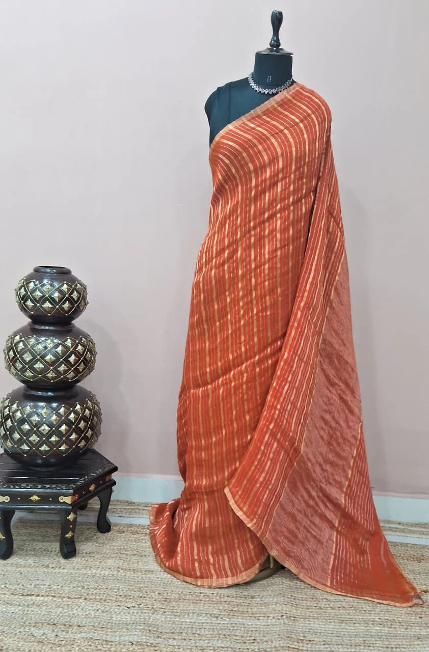 Dark Orange Pure Silk Linen Saree