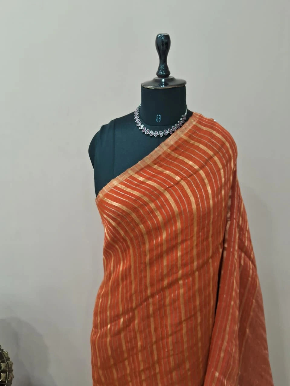 Dark Orange Pure Silk Linen Saree 1