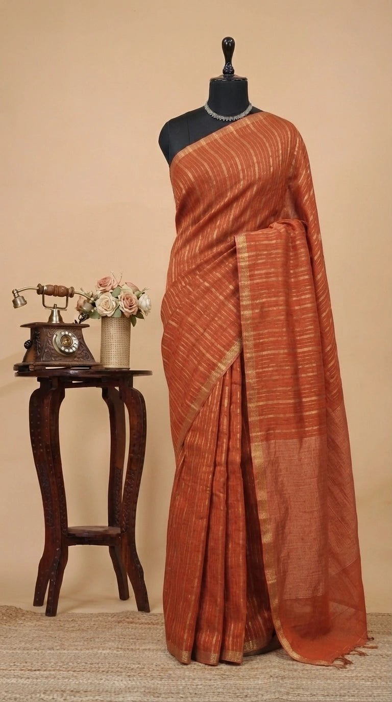 Dark Orange Pure Silk Linen Saree